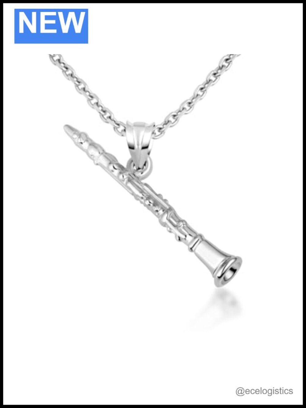 Sterling Silver Clarinet Pendant Necklace 3D Music Charm 18" Rolo Chain